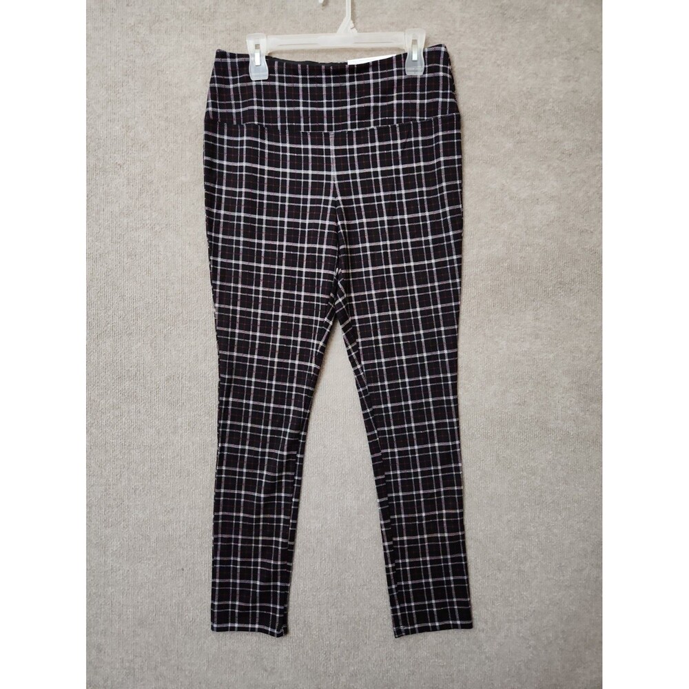 Liz Claiborne Lori Skinny Pull On Pants Womens L Black Plaid Ponte Slimming NEW